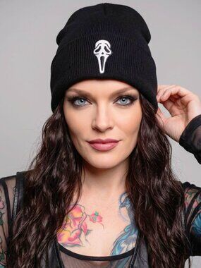 Ghost Face ✦ Black Knit Beanie Embroidered White Mask ✦ Stretch Horror Scream OS